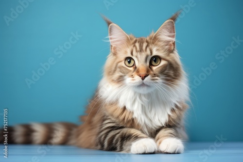 A purebred cat lies comfortably on a blue background.