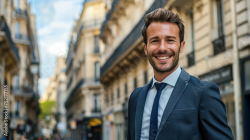 Wallpaper Mural Smiling Businessman With A Backdrop Of Haussmannian Architecture And Building. Male Entrepreneur In The Streets Of Paris Capital of France  Torontodigital.ca