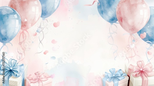 A gender reveal party invitation featuring a vibrant pink and blue background adorned with colorful presents and balloons, watercolor