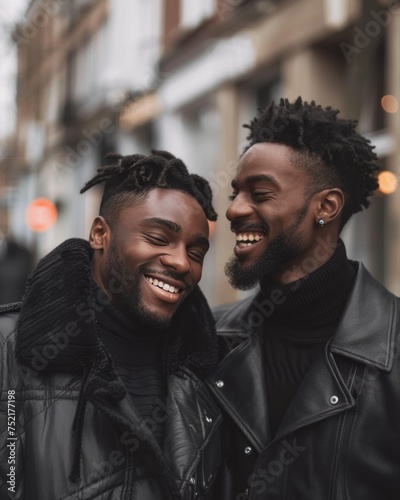 Close-up portrait of two handsome African American young men in a city street. Homosexual couple at a romantic date outdoors. Gay couple in love flirting and having fun.