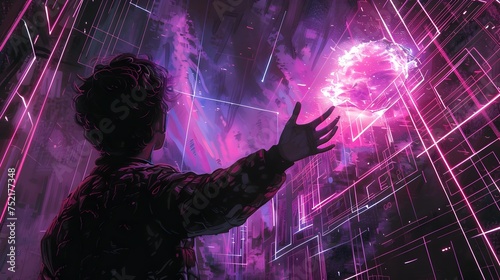 Cyberpunk Man in Front of Pink Building, Girl Reaching for Ball in Style of Cyberpunk Manga, To sell as a stock photo for use in projects and designs
