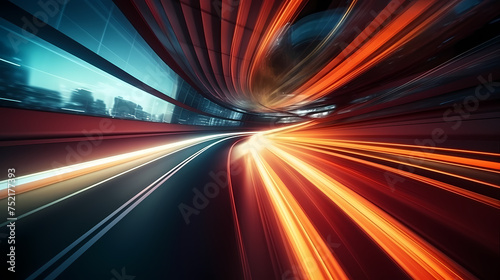 Glowing tunnel traffic, future technology speed line, using long exposure bold dynamic lines