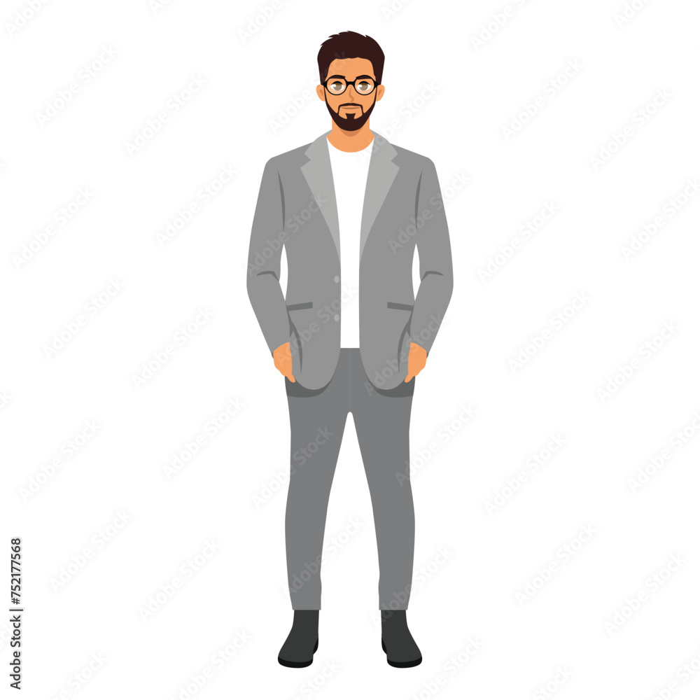 Young business man standing in grey suit with hands in his pockets. Flat vector illustration isolated on white background