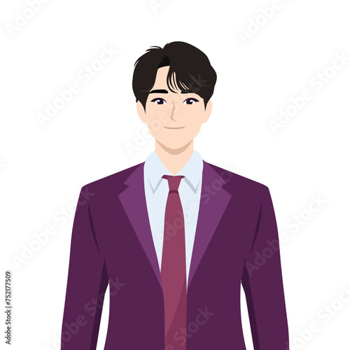Young Asian business man wearing suit and tie. Flat vector illustration isolated on white background