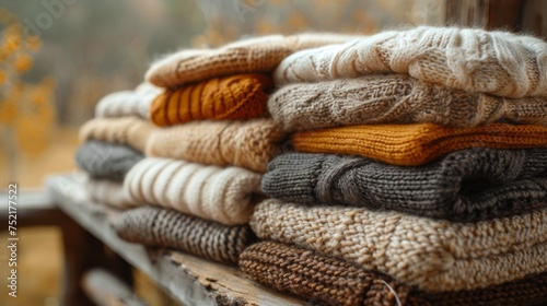Stack of Sweaters on Wooden Bench