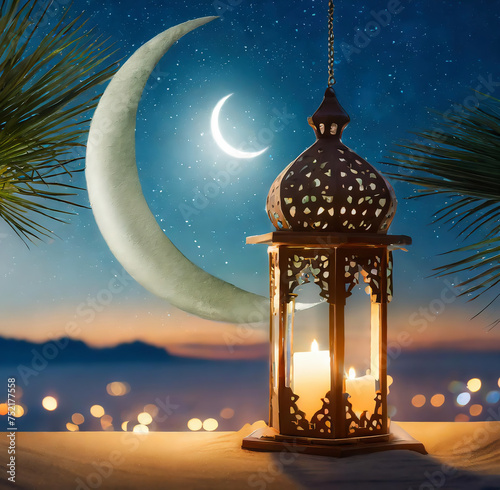 Ramadan Kareem background with lantern, palm tree branch and crescent moon with desert lights