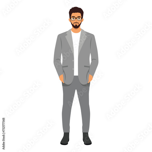 Young business man standing in grey suit with hands in his pockets. Flat vector illustration isolated on white background