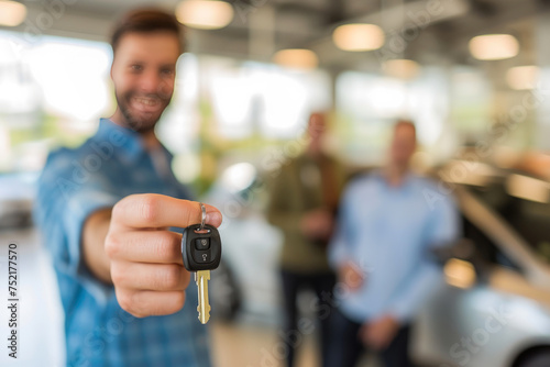 Excited Customer Grasps Car Keys Amidst Showroom