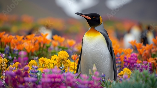 Penguin Standing in Field of Flowers