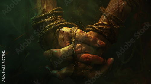 Tied hands on dark background