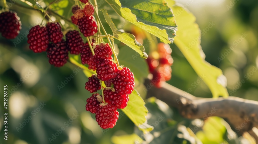 Red mulberry harvest on a branch in the garden, agribusiness business concept, organic healthy food and non-GMO fruits with copy space Red mulberry harvest on a branch in the garden, agribusiness business concept, organic healthy food and non-GMO fruits with copy space