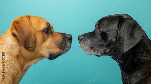 Two dogs of different colors looking at each other in a playful and curious manner