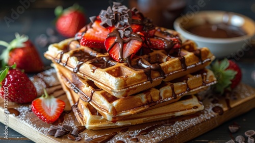 Stack of Waffles Topped With Strawberries and Chocolate