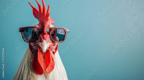 Chicken with sunglasses on pastel background, isolated for text placement opportunities