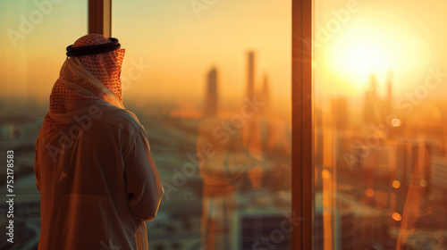bahraini man in nationalist attire looking out of a window, photo
