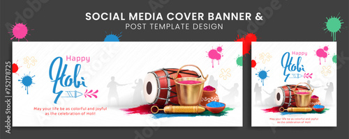 holi festival design with holi elements colorful splash splatter creative social media post template and cover banner