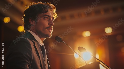 Man in Suit Speaking at Podium