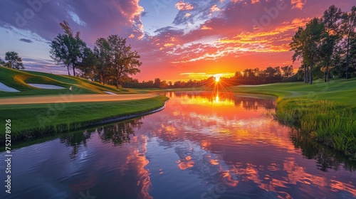 Majestic Sunset Over Golf Course With Pond