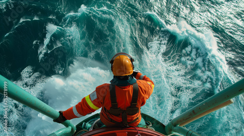 Maritime Worker Overlooking Turbulent Ocean Waves from Ship Deck photo