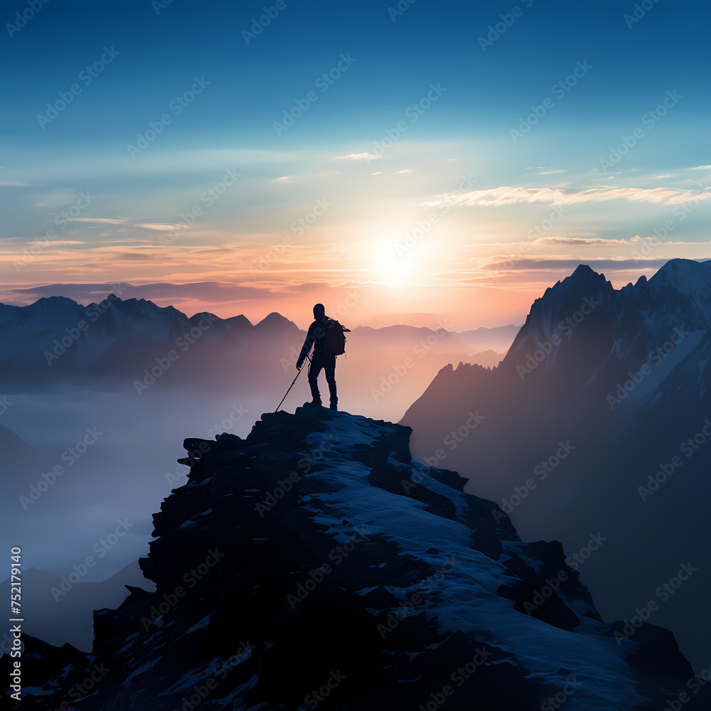Silhouette of a person at the top of a mountain. 