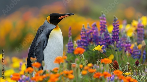 Penguin Standing in Field of Flowers