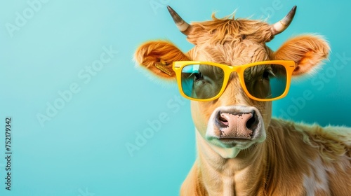 Cheerful cow with trendy sunglasses posing against a soft pastel studio background