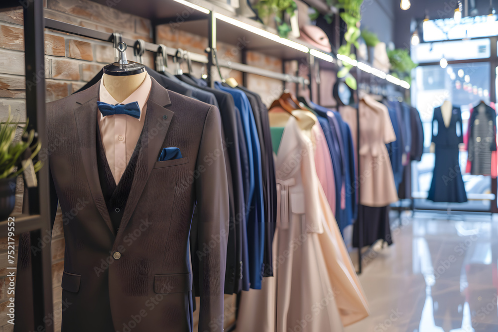 variety of formal attire in a modern retail shop, fashion store with trendy merchandise
