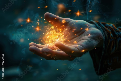 Hand Channeling Cosmic Energy with Mystic Sparks. An outstretched hand channeling a swirl of cosmic energy with radiant sparks and dark background.