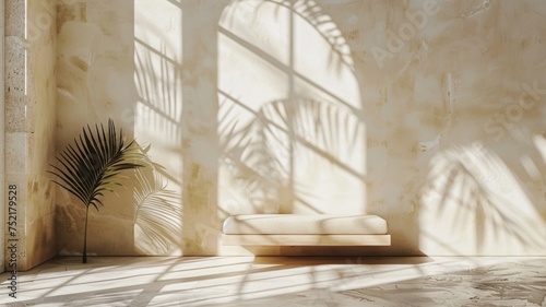 Minimalistic product placement background with a palm tree and shadows on a beige plastered wall. Interior aesthetics of luxury architecture. Stage mockup of a creative product platform.