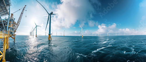 Offshore Wind Farm Panorama with Blue Sky and Ocean photo