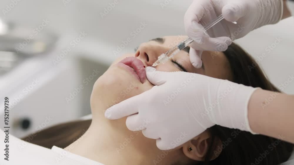 Injection lip augmentation. Close-up of beautician's hands doing cosmetic procedures for sexy female lips. Cosmetological treatment, cosmetic injections. Injection lip augmentation. Close-up of beautician's hands doing cosmetic procedures for sexy female lips. Cosmetological treatment, cosmetic injections.