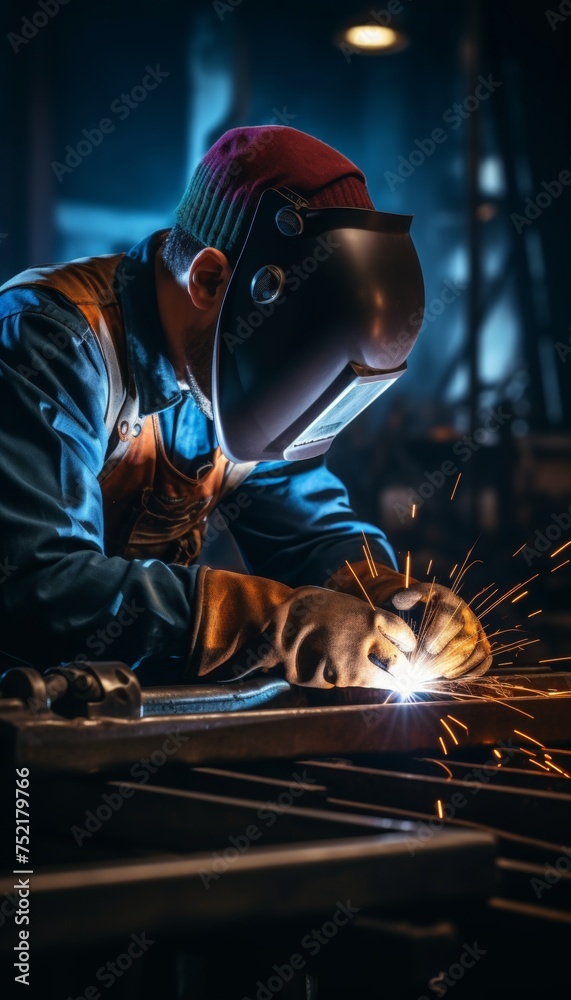 Close up of professional welding on medium sized pipe with blue light, copy space for text placement Close up of professional welding on medium sized pipe with blue light, copy space for text placement