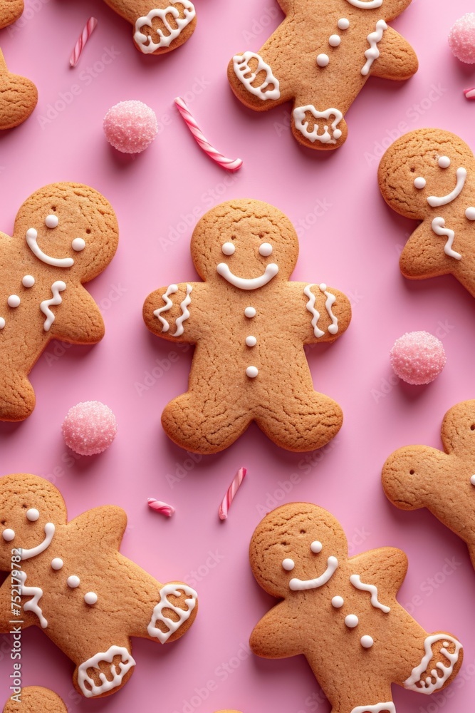 Delicious homemade gingerbread cookies on a vibrant pink background, shot from above in flat lay style Delicious homemade gingerbread cookies on a vibrant pink background, shot from above in flat lay style