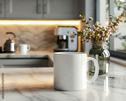 mockup of a white coffee mug placed on a kitchen counter. The tumbler should be sleek and modern in design, featuring a matte white finish that highlights its quality and simplicity.