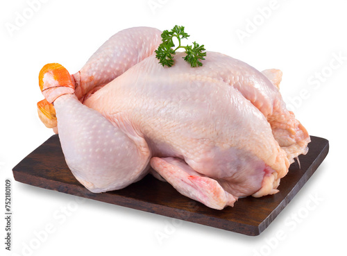 Raw whole chicken on cutting board isolated on white background