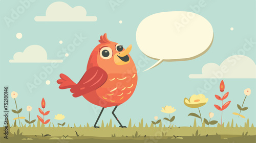 Funny cartoon bird with speech bubble. Flat vector.