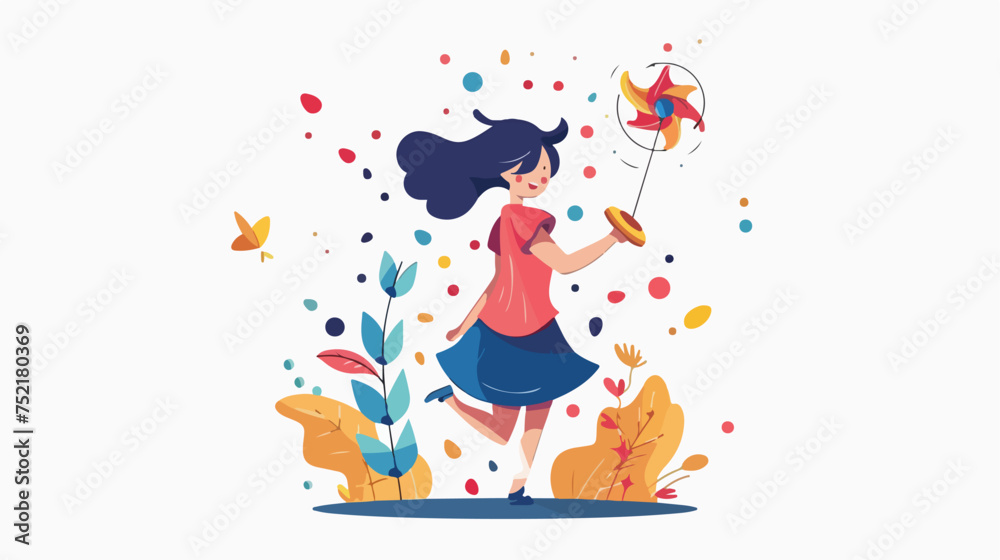 girl playing with spinning top character Flat vector