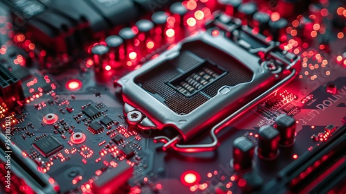Close Up of a Computer Motherboard With Red Lights