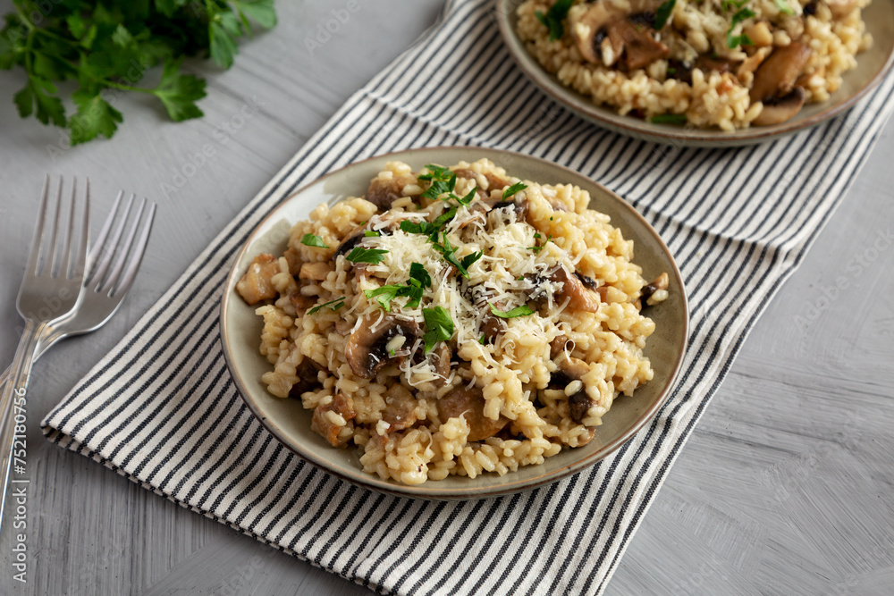 Homemade One-Pot Bacon And Mushroom Risotto on a Plate, side view.
