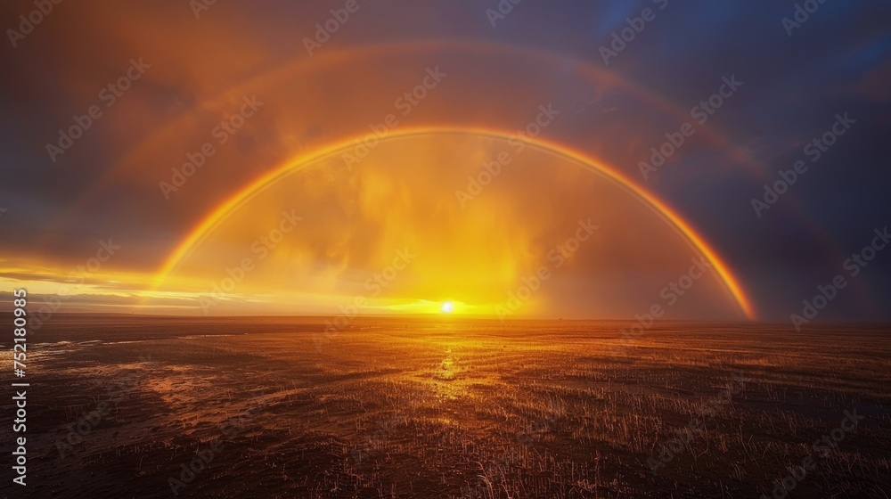 Sun Setting Over Field With Rainbow