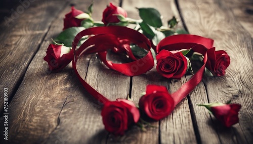 Red roses and satin ribbon form a heart on textured wood, evoking a romantic Valentine's theme.