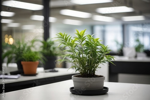 plant that is sitting on a table in the office, green plant, potted plant, lush plant growth, large plants in the background,