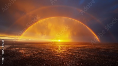Sun Setting Over Field With Rainbow © olegganko