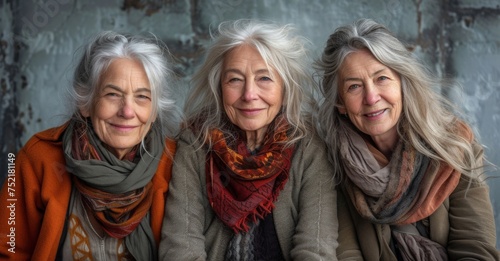Three senior women with gray hair and scarves sitting gracefully against a weathered brick wall