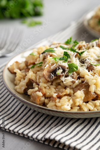 Homemade One-Pot Bacon And Mushroom Risotto on a Plate, low angle view. Close-up.