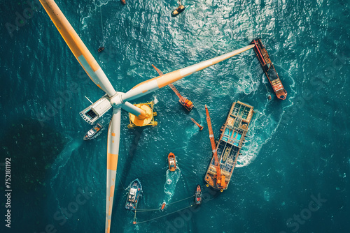 Aerial View of Offshore Wind Turbine Installation at Sea with Supporting Vessels