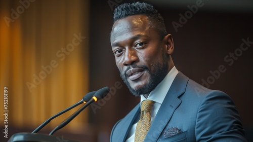 Man in Suit Speaking at Podium