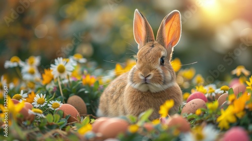 Rabbit Sitting in Field of Flowers