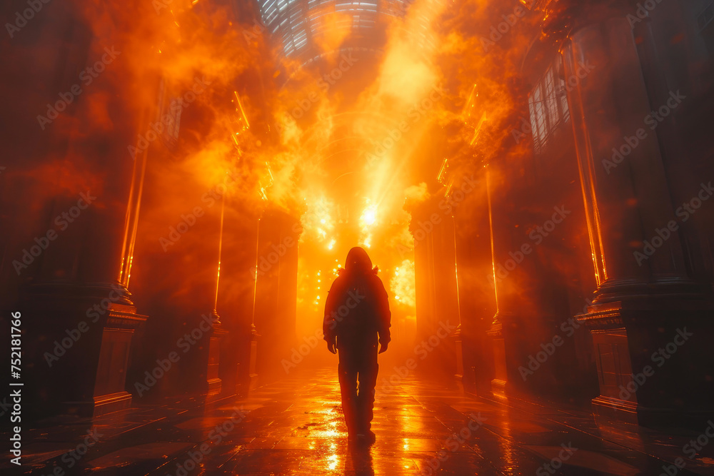 Fototapeta premium Stylish Man Standing Under Grandiose Light Arch