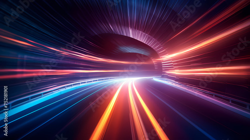 Car lights leave traces in tunnel, concept of speed and movement